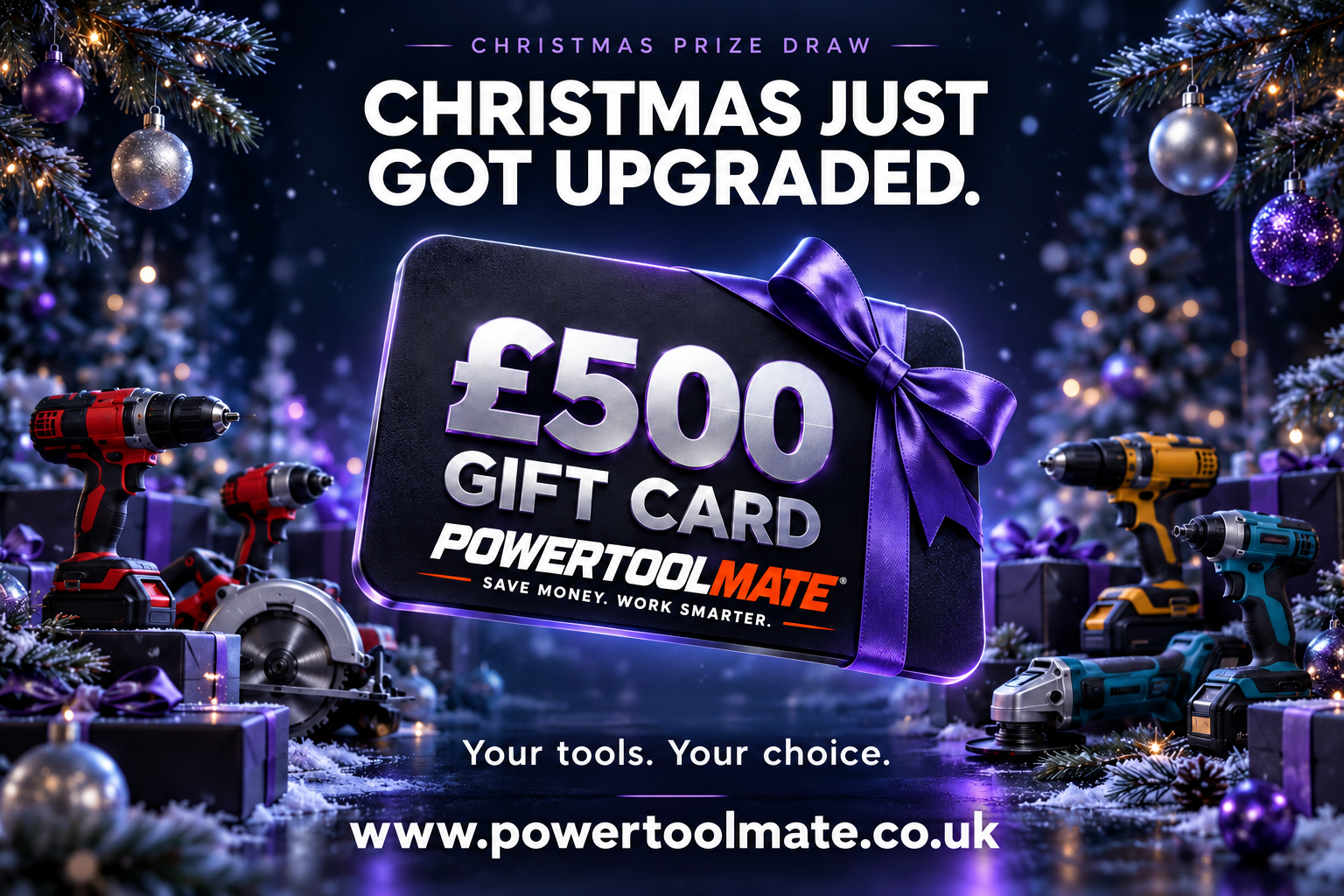 £500 PowerToolMate gift card in a snowy Christmas scene
