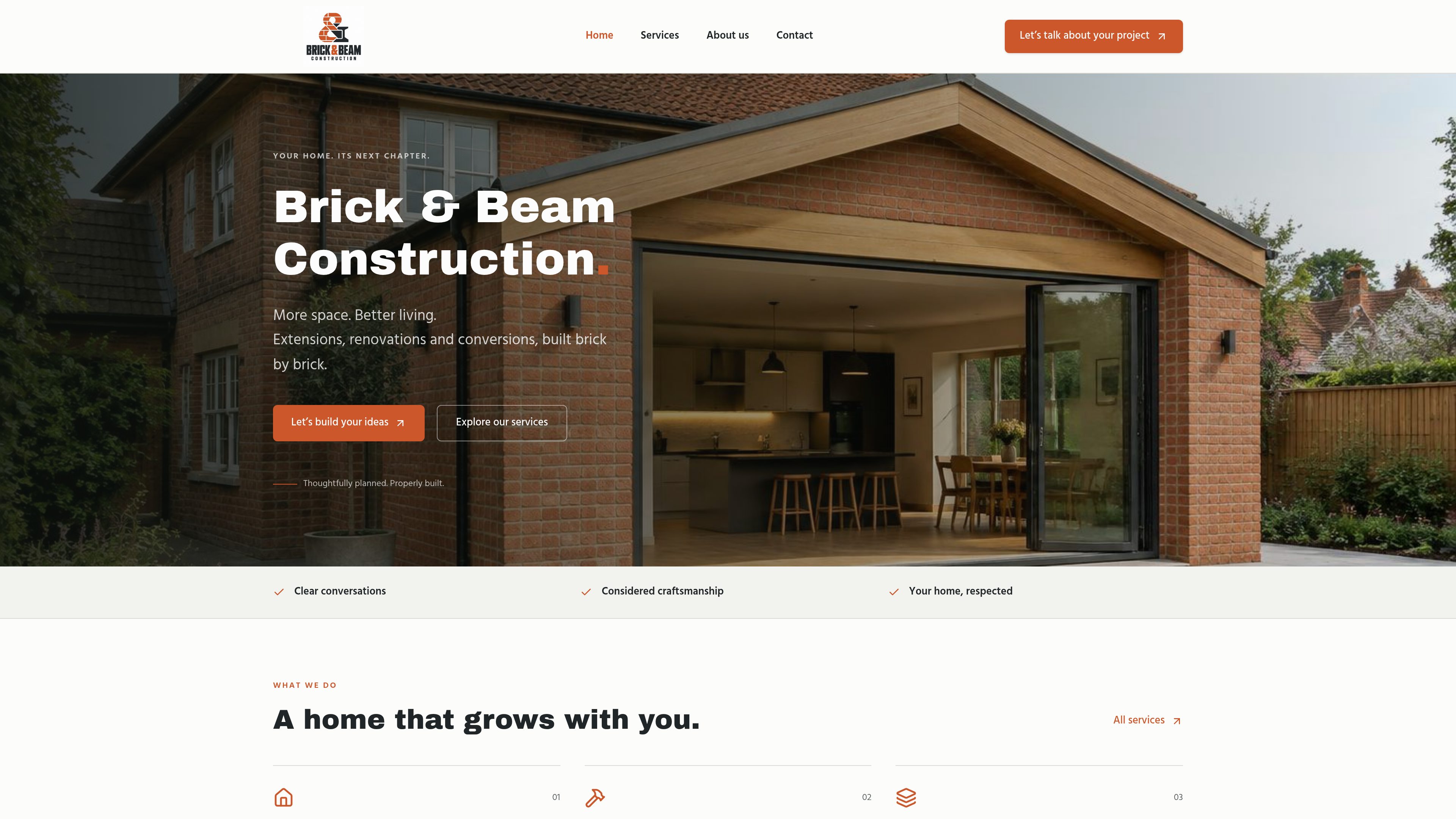 Brick & Beam Construction website screenshot
